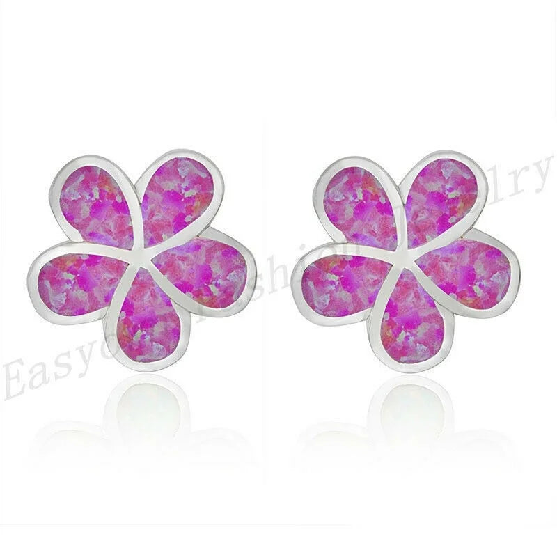 Red Simulated Opal Floral Stud Earrings – Silver Plated Women's
