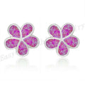 Red Simulated Opal Floral Stud Earrings – Silver Plated Women's