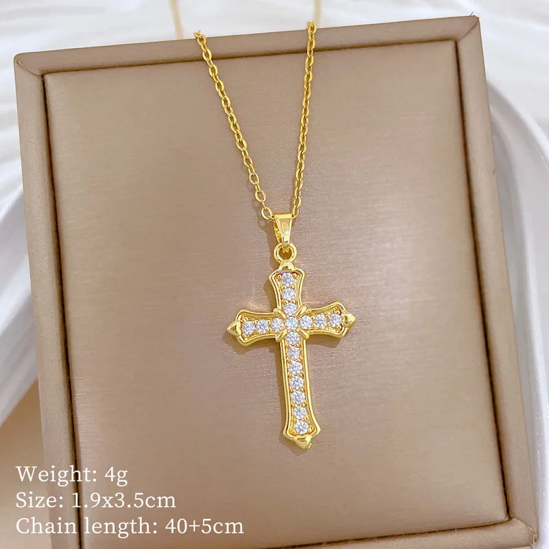 Women's Gold Cross Pendant Necklace – Zircon & Stainless Steel
