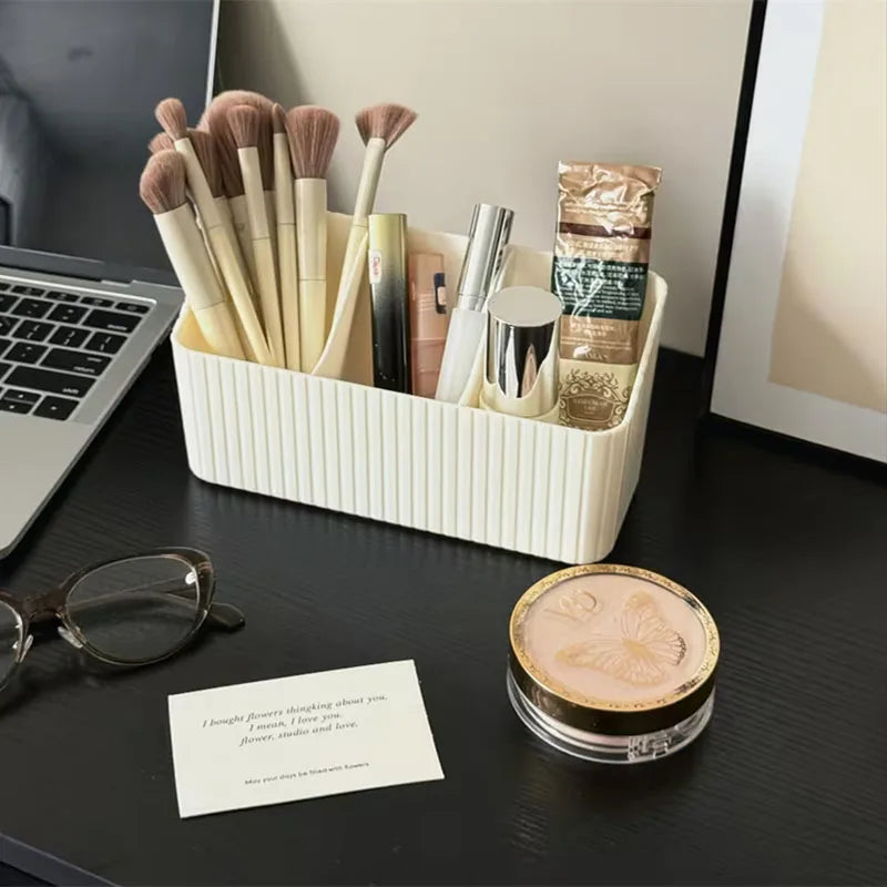 3-Compartment Striped Makeup Brush & Cosmetic Organizer