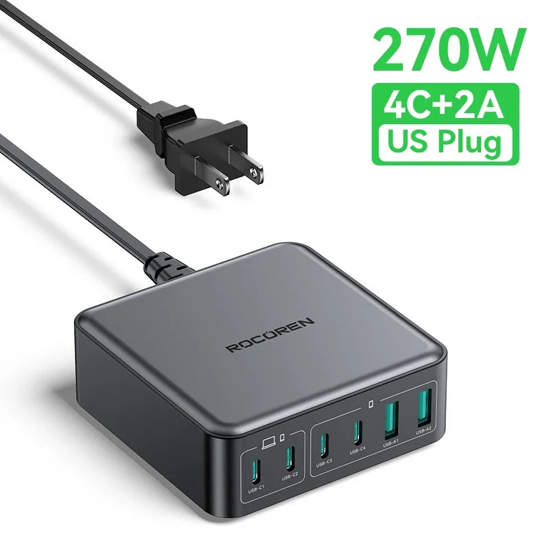 Rocoren 200W GaN Charger 6-Port USB-C PD Fast Charging Station