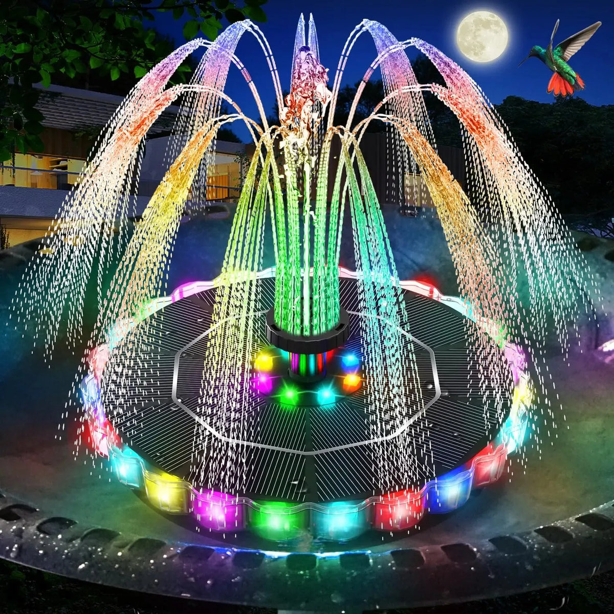 Solar Floating Bird Bath Fountain – 6 Nozzles & Color Lights