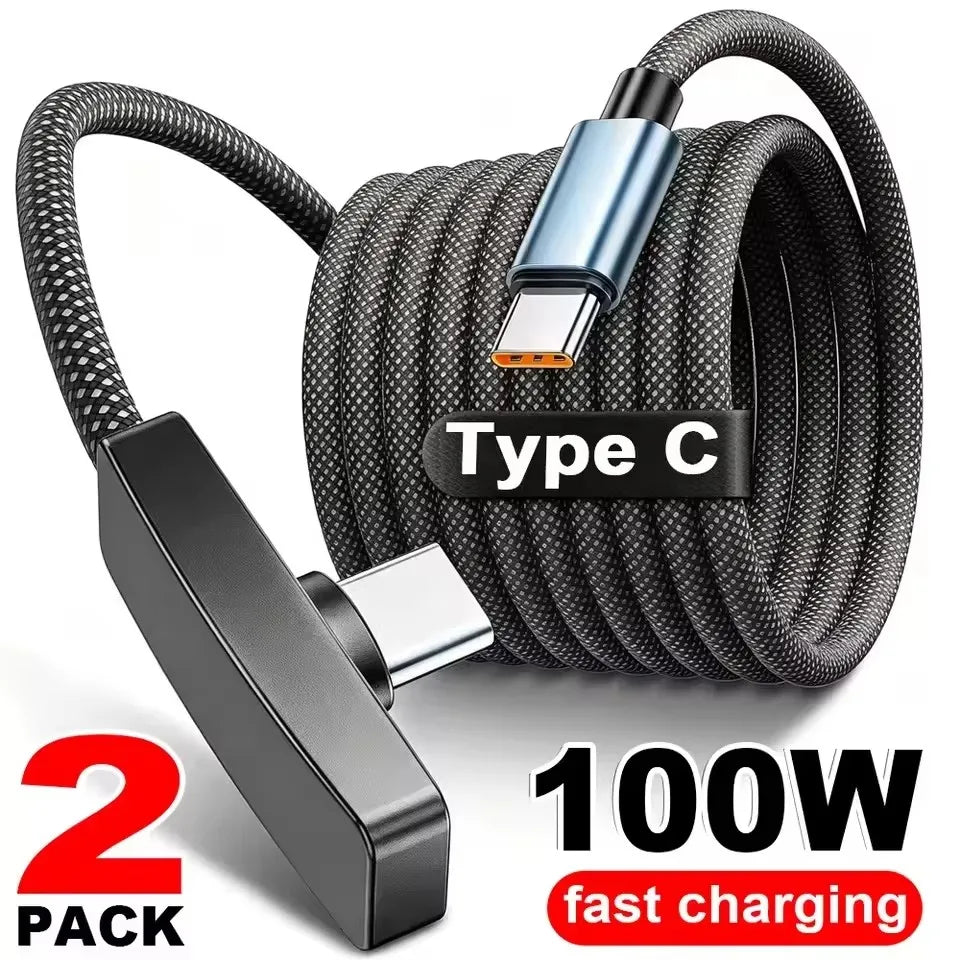 100W 90-Degree USB-C Fast Charging Braided Cable | Right Angle