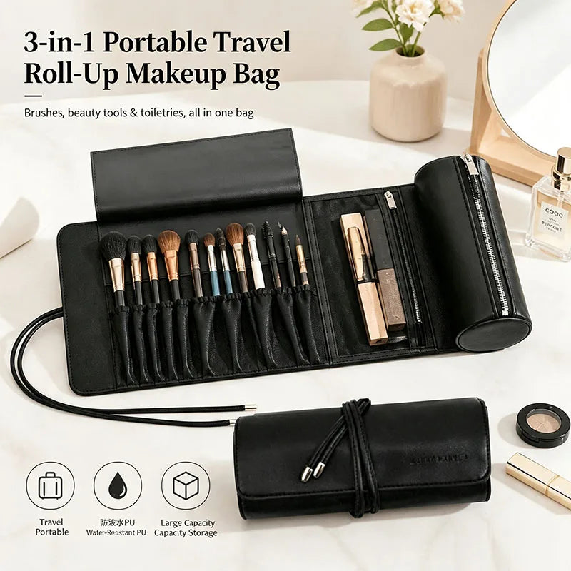 PU Leather Roll-Up Cylinder Makeup Brush Organizer Bag