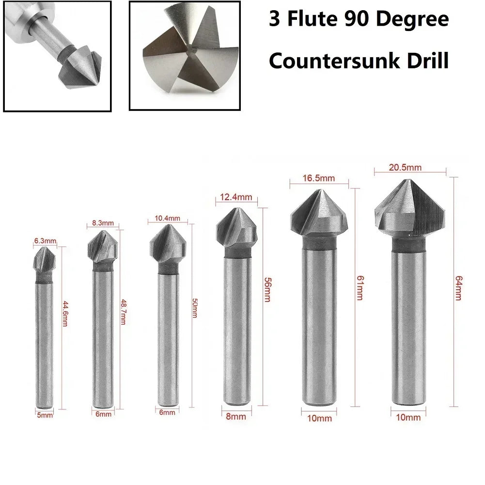 3 Flute HSS Countersink Drill Bit 90° Chamfer – 6 Sizes