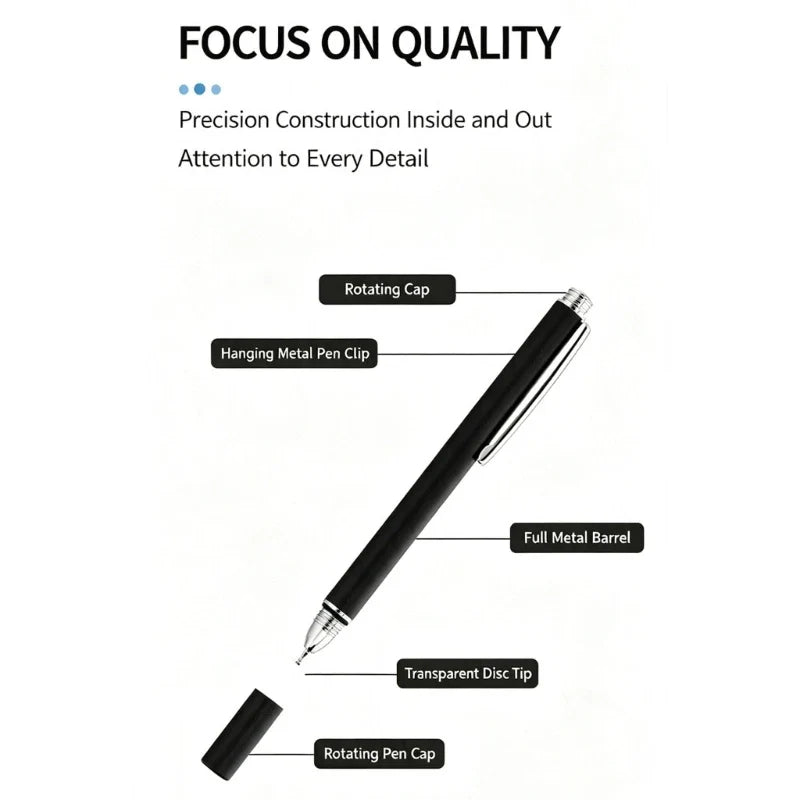 Disc Tip Stylus Pen – Metal Body, Cap & Clip for Touchscreens