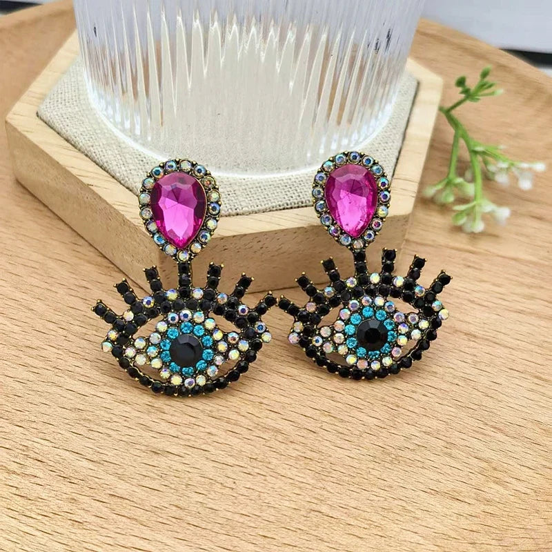 Women's Geometric Drop Earrings – Full Diamond & Colored Glass