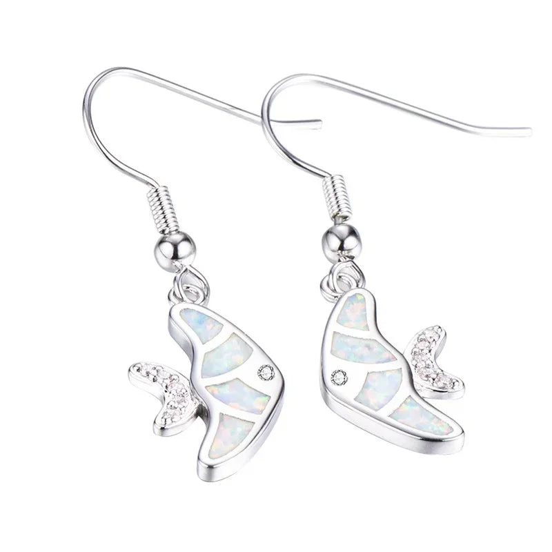 White Simulated Opal Silver Fish Dangle Hook Earrings
