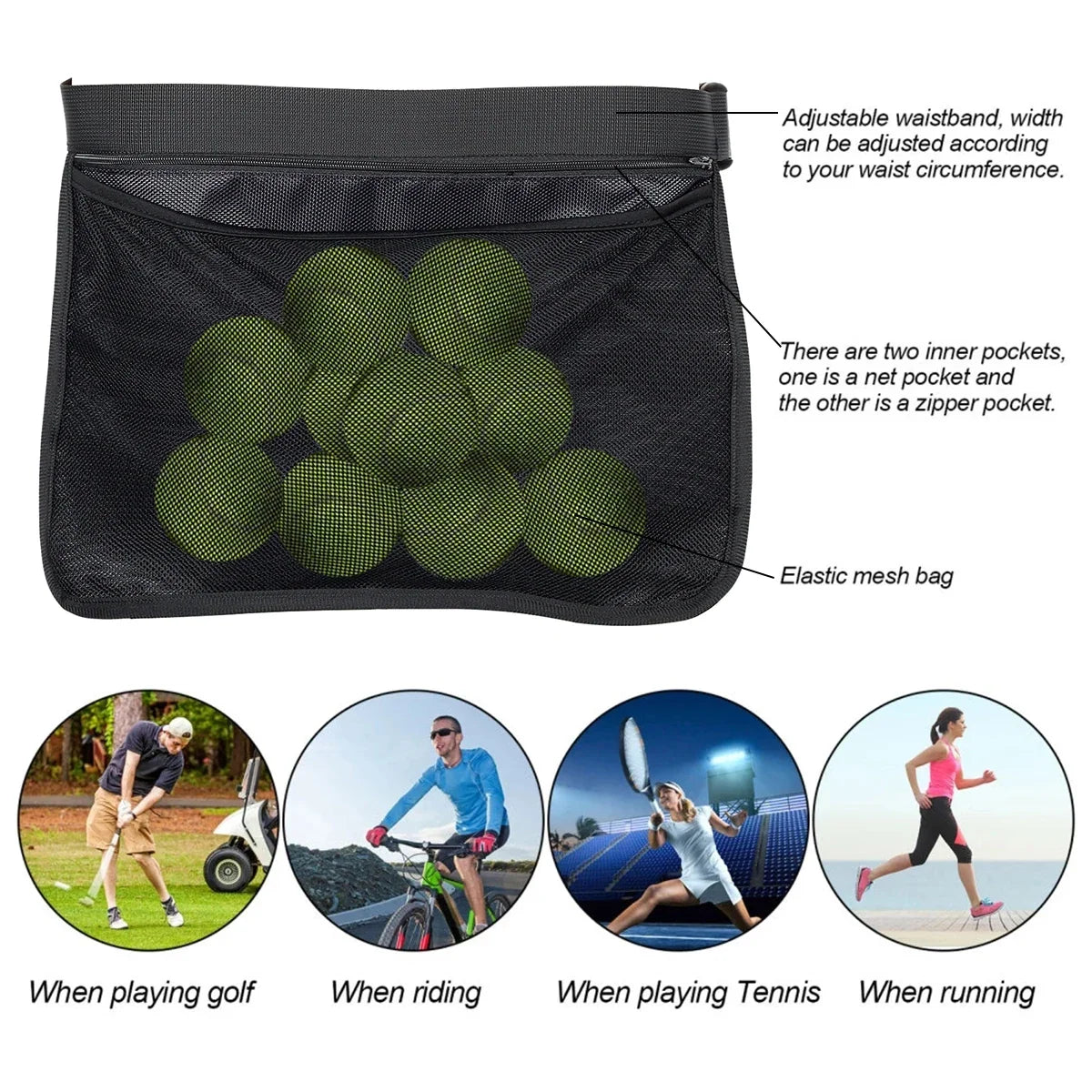 Tennis Ball Waist Bag – Adjustable Sweatproof Oxford Mesh Pouch