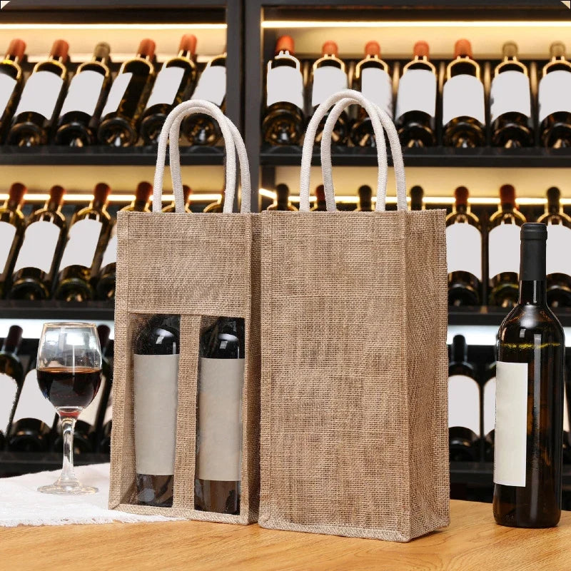 Linen Wine Gift Bag with Window & Handle – Single or Double Bottle