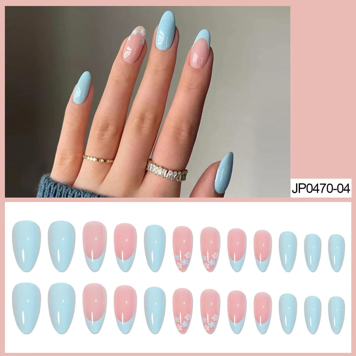 Almond Press-On Nails L – Floral Rhinestone False Nail Tips