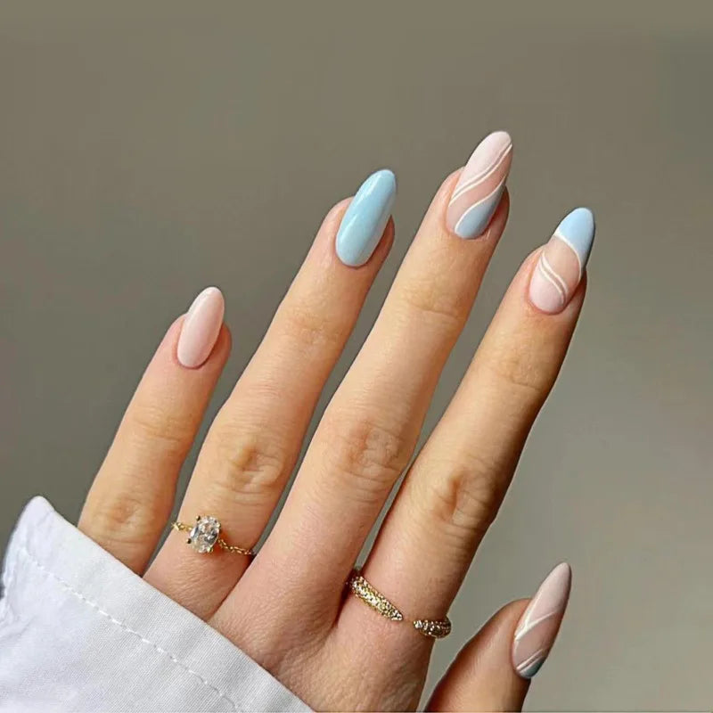 Blue Wave French Press-On Nails Rhinestone Crystal L Size