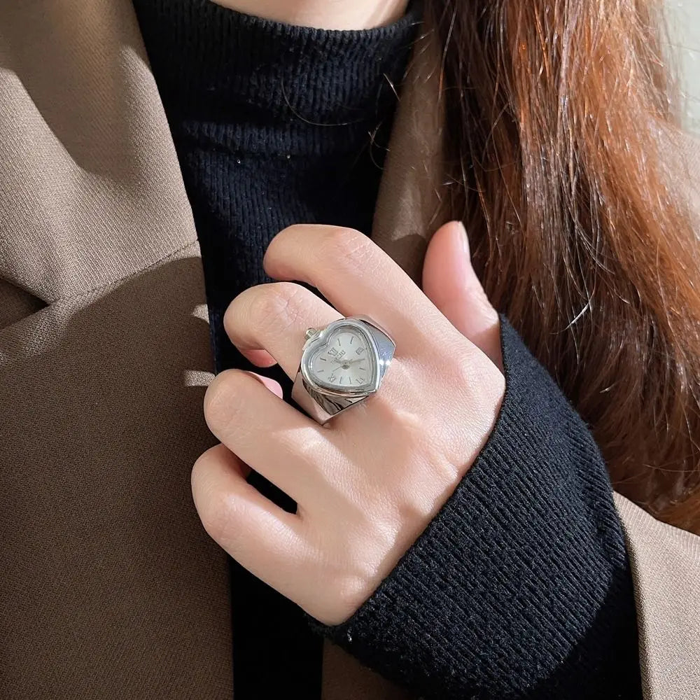 Retro Heart Shape Ring Watch – Stainless Steel Quartz Clock