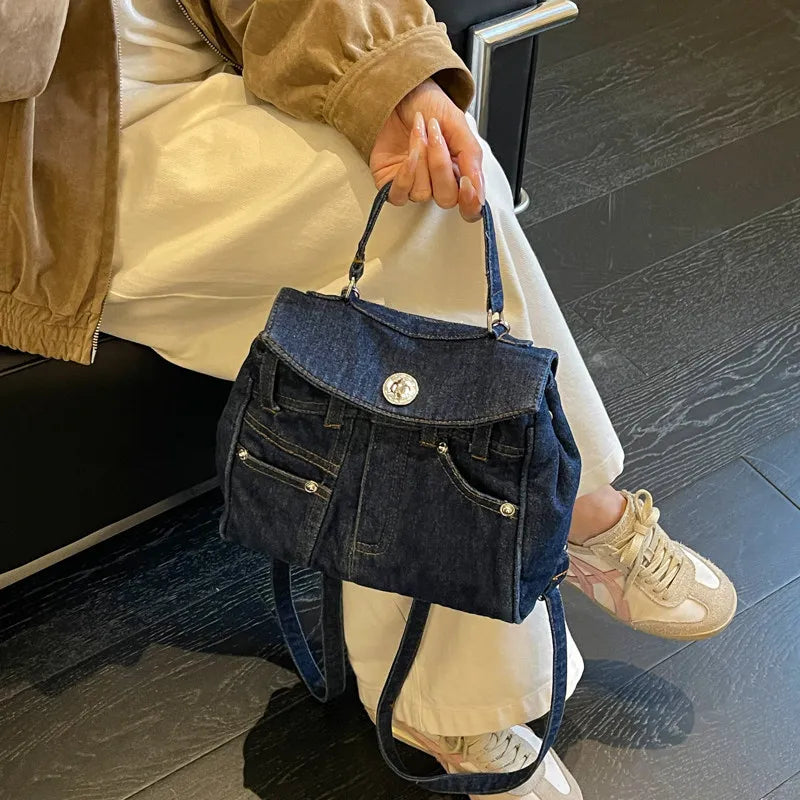 Korean Retro Denim Canvas Shoulder Bag Tote & Backpack