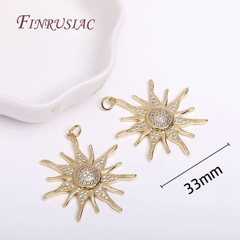 18K Gold Plated Sunflower Pendant – 33mm Brass Zircon Charm