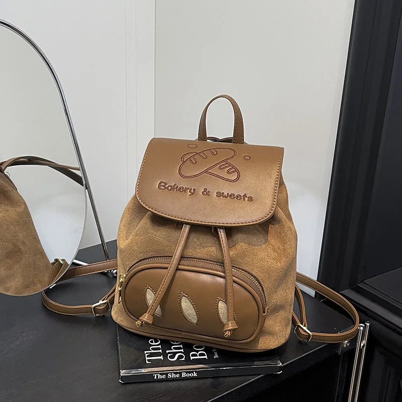 Korean Cartoon Embroidered Suede Small Backpack for Women