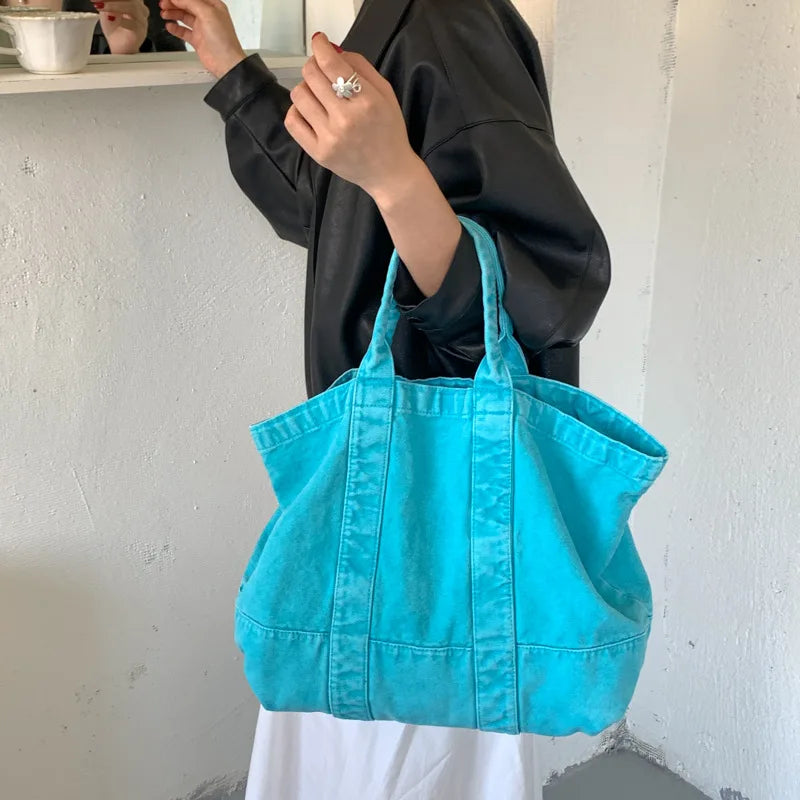 Japanese Minimalist Denim Canvas Tote Bag – Large Capacity