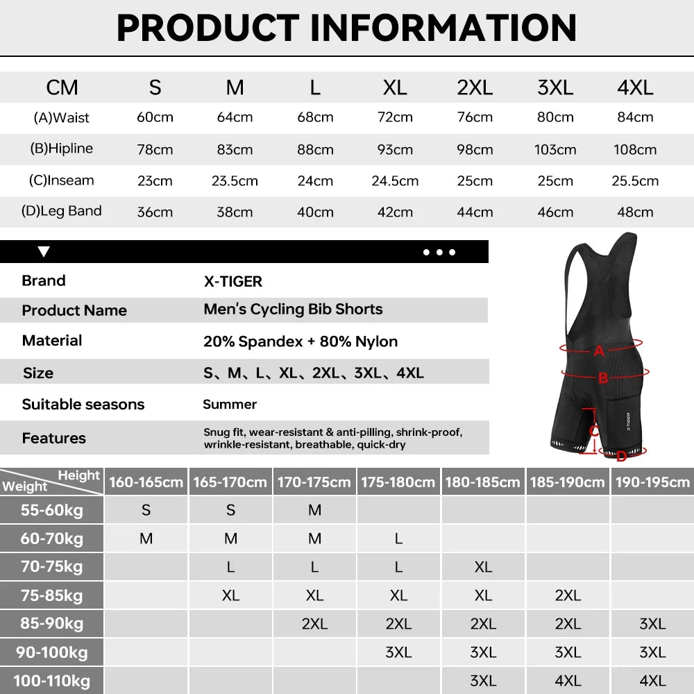 X-TIGER Men's 5D Gel Padded Cycling Bib Shorts | Back Pocket