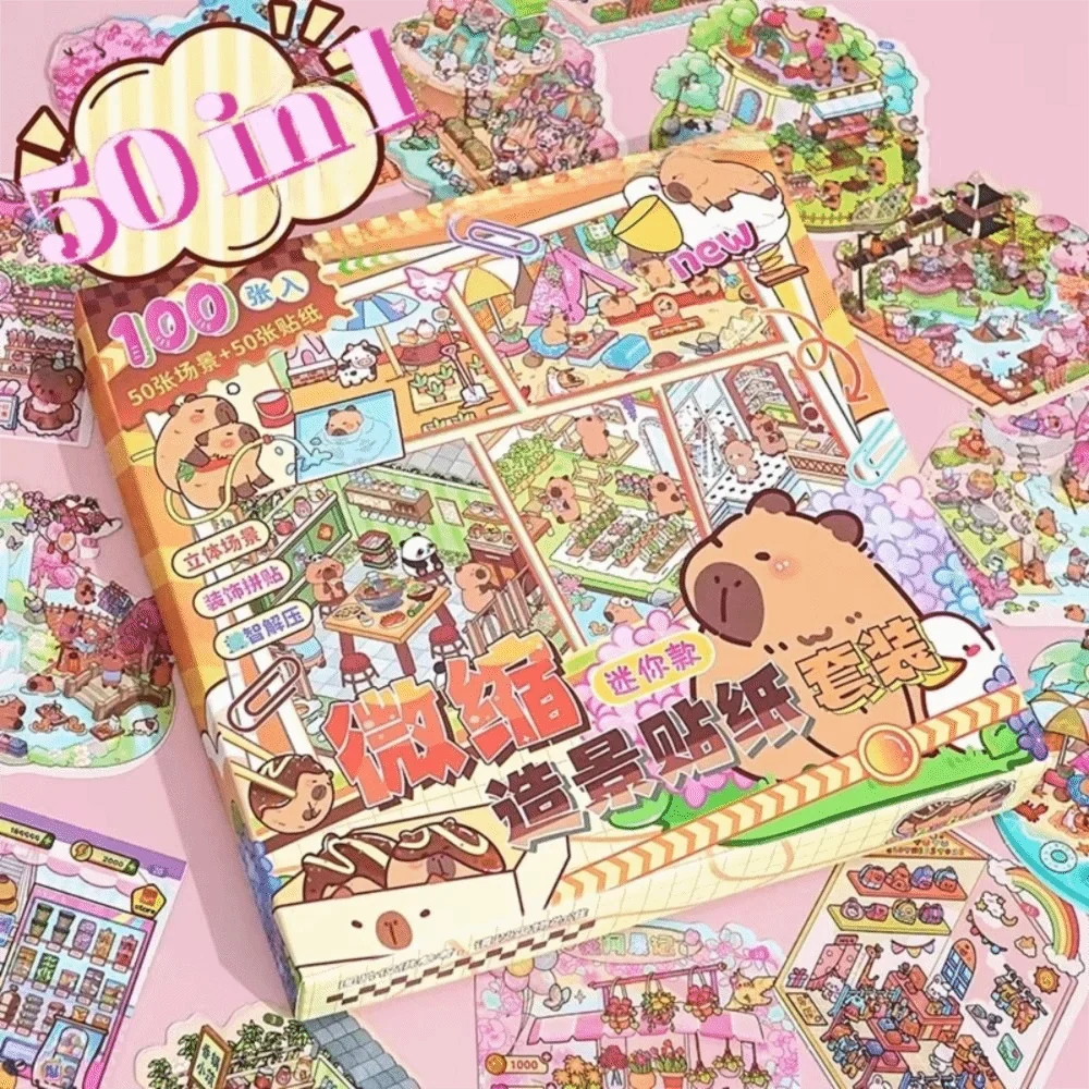 50-in-1 Miniature Scene Landscape Stickers – DIY 3D PET Pack