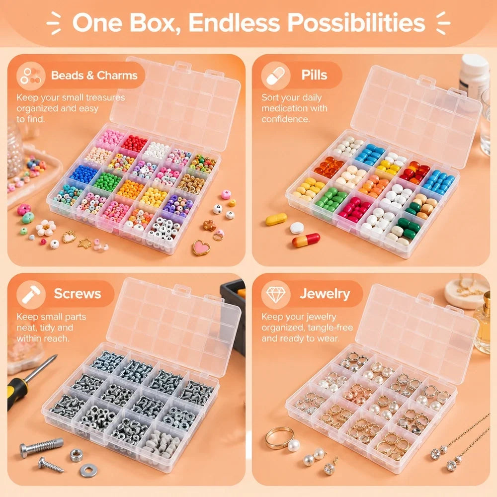 28-Cell Clear Plastic Storage Box with Dividers for Beads & Crafts
