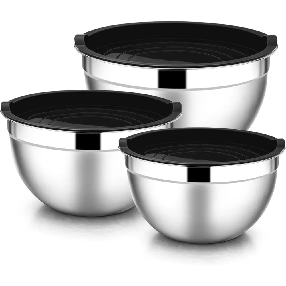Stainless Steel Mixing Bowls with Airtight Lids & Silicone Base