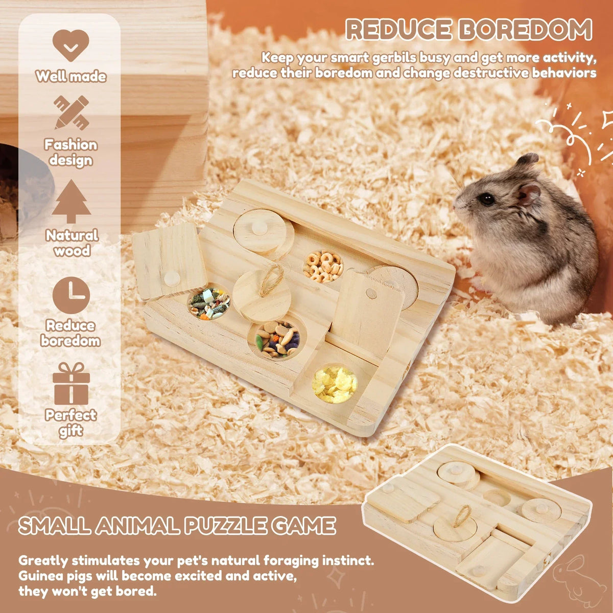 Wooden Guinea Pig Foraging Toy – 6-Hole Treat Dispenser