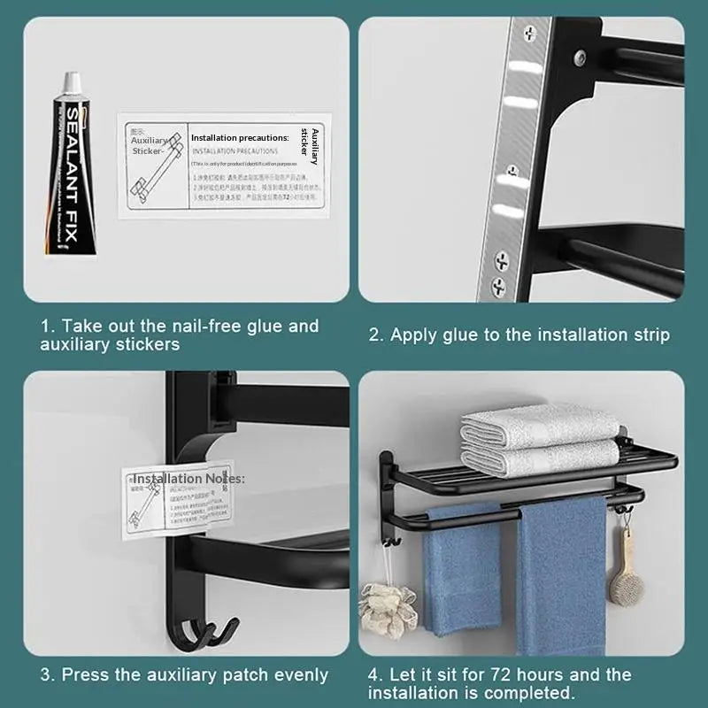 Self-Adhesive No-Drill Wall Towel Rack – Dual-Layer Matte Black