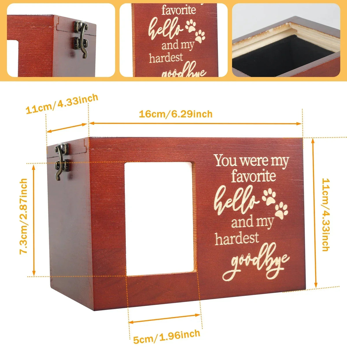Wood Pet Memorial Urn with Photo Frame, Key & Lock – Dog & Cat
