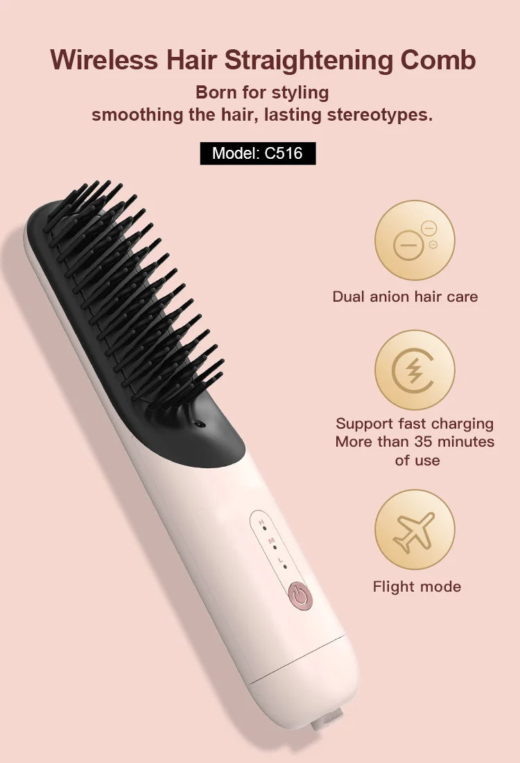 Wireless Negative Ion Hair Straightening Brush – USB-C Cordless