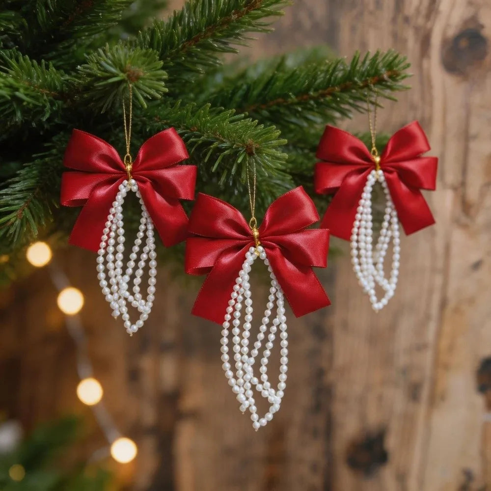 12pcs Velvet Christmas Bows Gold Twist Ties & Pearl Tassel Décor