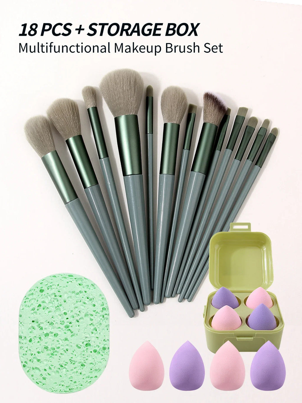 19-Piece Makeup Brush Set With Storage Box, Puffs & Sponge