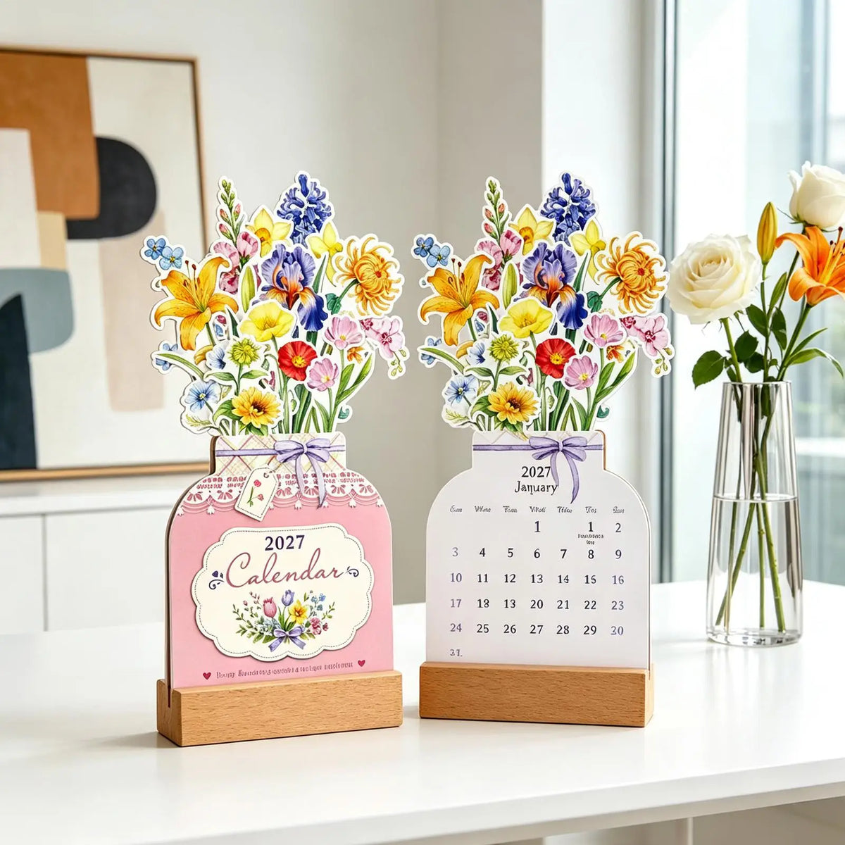 2027 Floral Desk Calendar | Vase Shape Wooden Base Standing