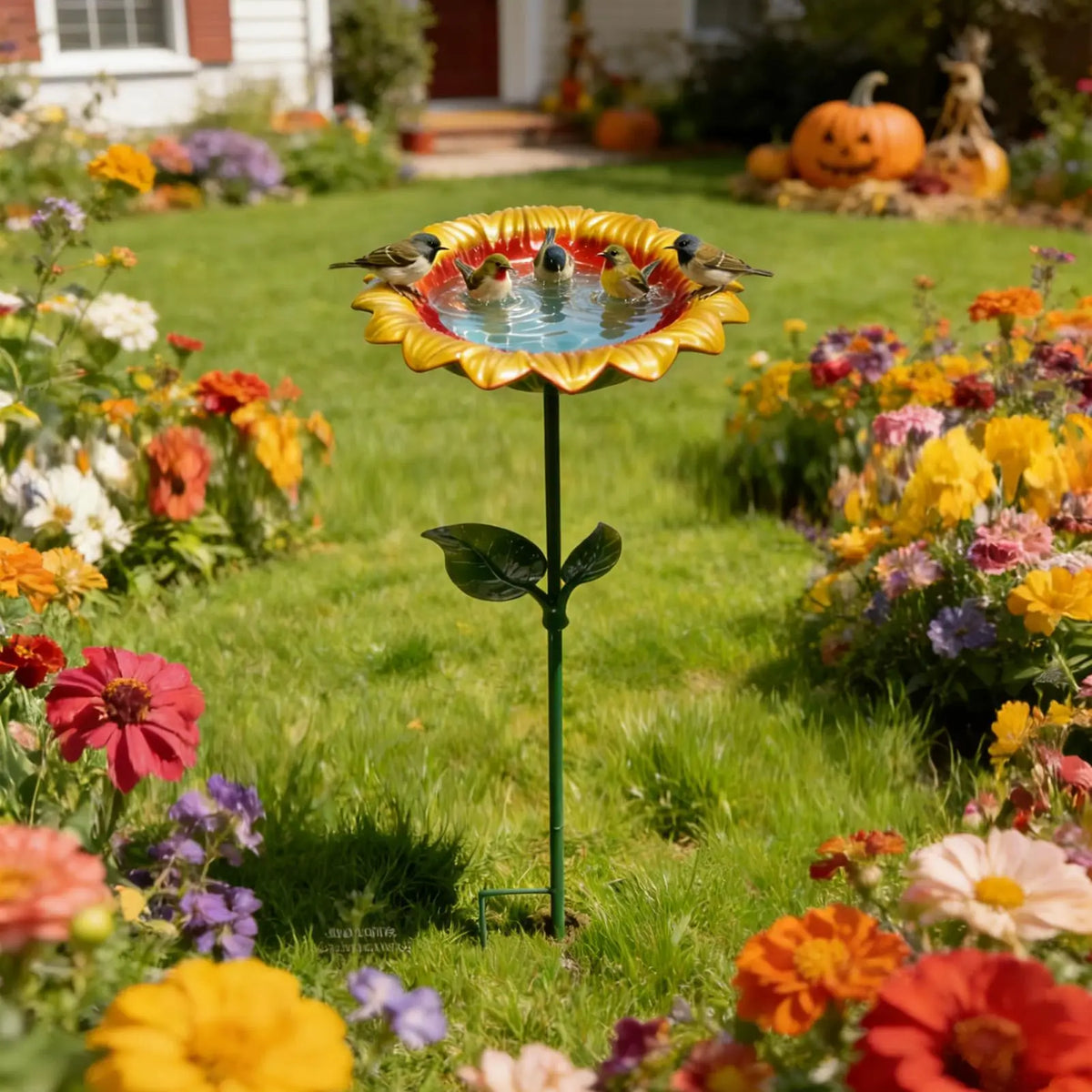 Metal Sunflower Bird Bath – Outdoor Standing Water Feeder