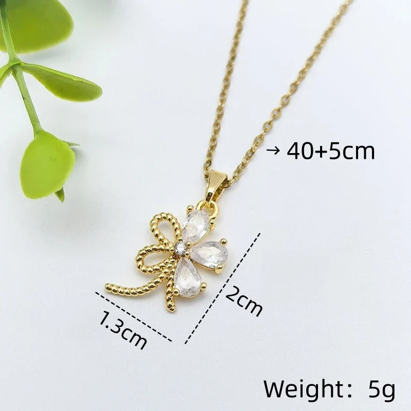 Floral Copper Pendant Necklace | Gold Zircon Collarbone Chain