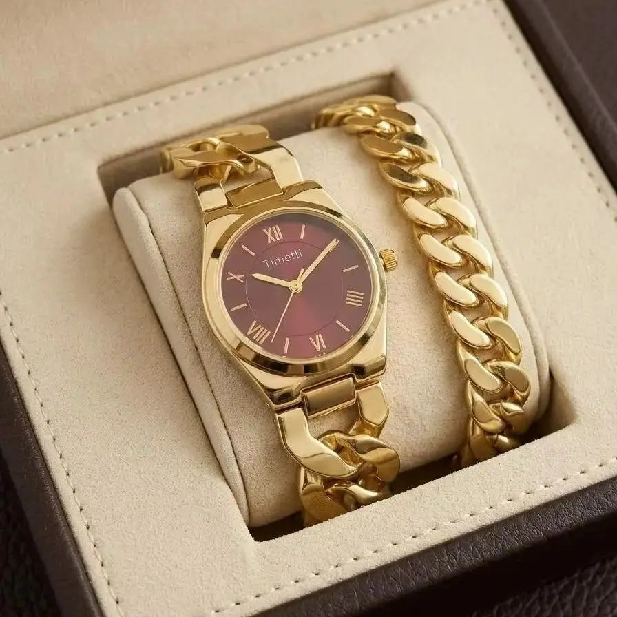 Women's Gold Watch & Bracelet Set | Quartz Roman Numeral