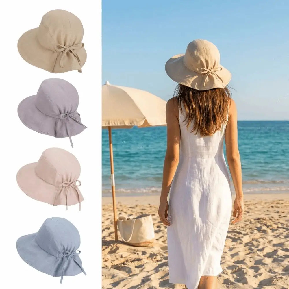 Women's Wide Brim Foldable Bucket Sun Hat with Bow Accent
