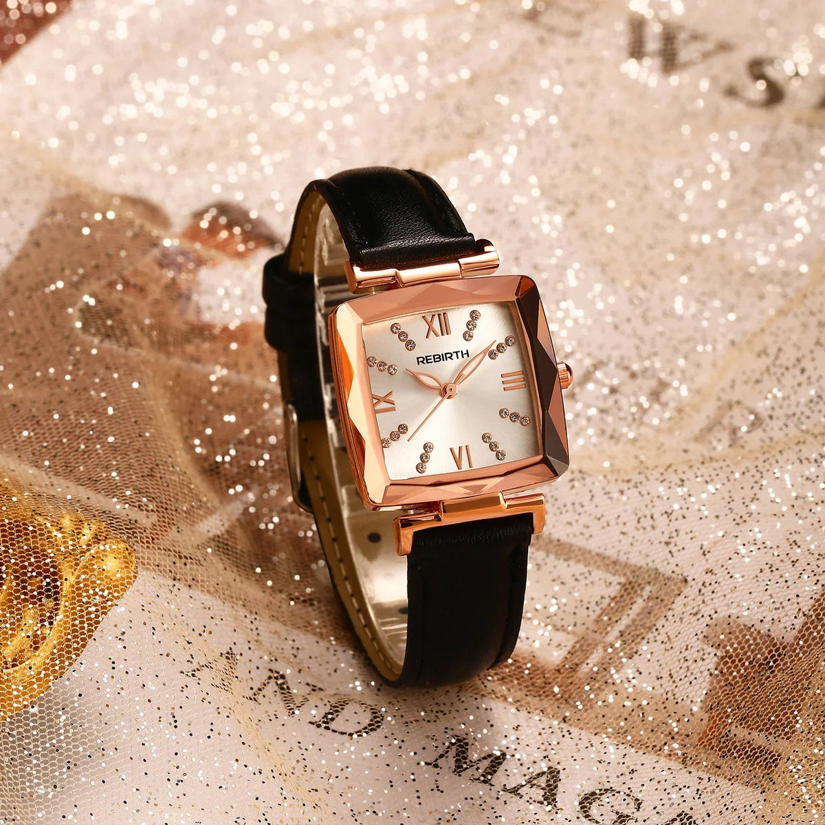 REBIRTH Square Women's Rhinestone Quartz Watch | Leather Band