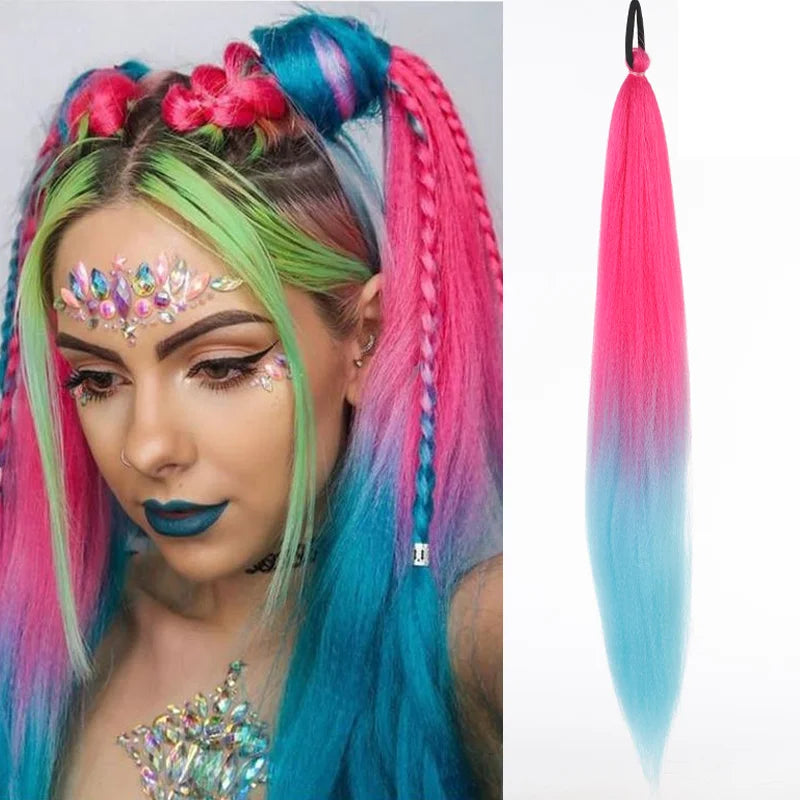 26" Synthetic Ponytail Extension Ombre Pink Purple Blue | Kanekalon