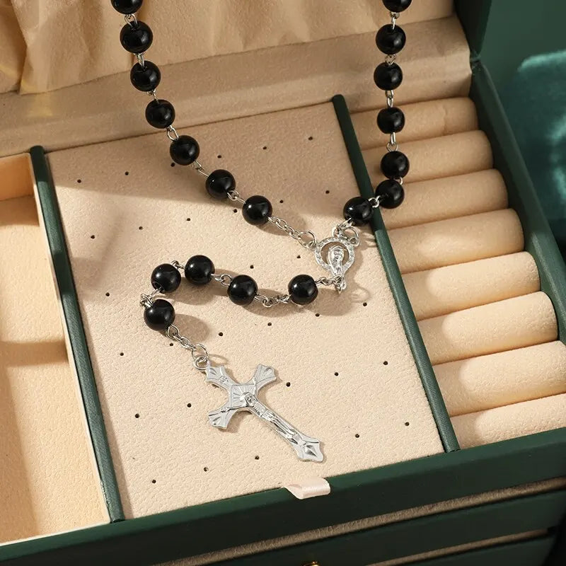 Handmade Vintage Pearl Rosary Necklace with Cross Pendant
