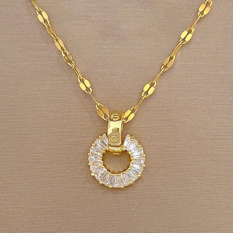 Women's Zircon Round Pendant Necklace | Gold Stainless Steel