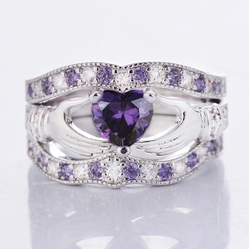 3-Pc Claddagh Amethyst Sterling Silver Ring Set – Sizes 5–12
