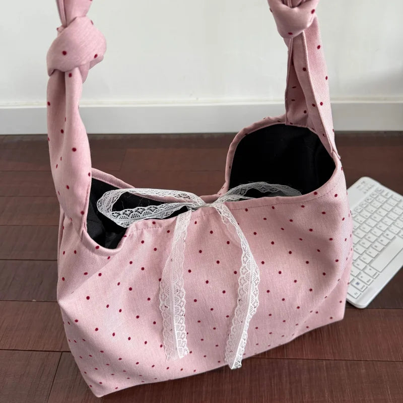 Women's Large Canvas Tote Bag – Polka Dot Shoulder Bag