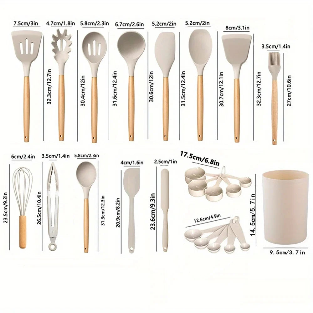 24-Piece Silicone Kitchen Utensil Set – Wooden Handles
