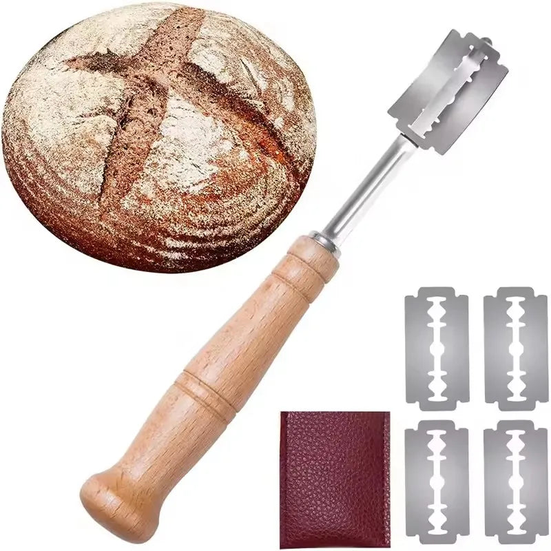 5-Blade Dough Pastry Cutter | Wooden Handle Bread Knife Tool