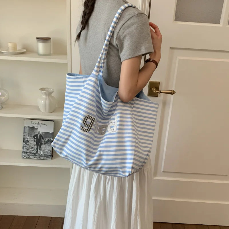 Striped Canvas Tote Bag – Large Women's Shoulder Bag | Nixie