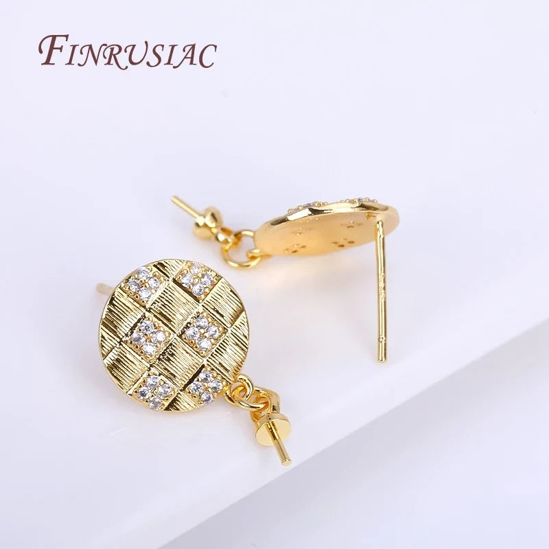 18K Gold Plated Zircon Round Post Earring Findings | DIY Pearl