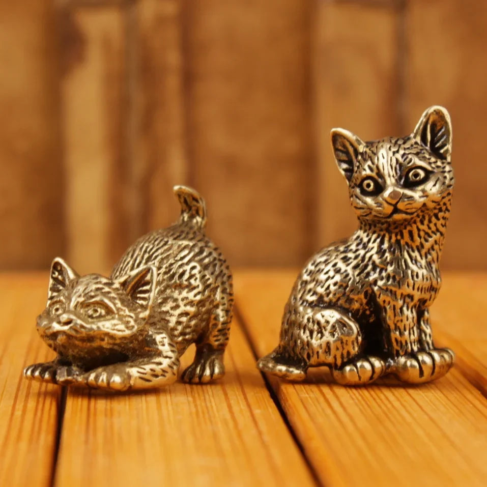 Brass Cat Figurine Vintage Miniature Tea Pet Desk Ornament