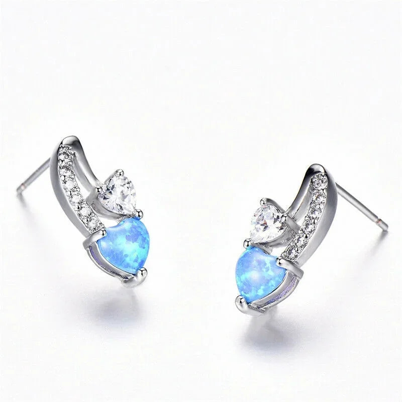 Women's Silver Blue Simulated Opal Heart Stud Earrings