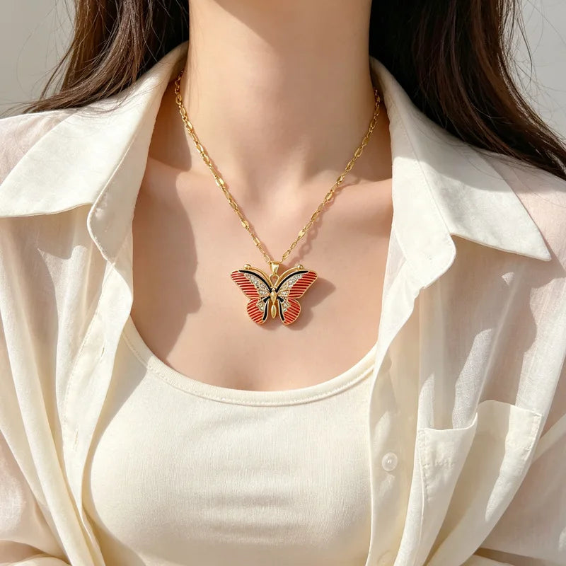 Red Butterfly Pendant Necklace – Gold Stainless Steel Choker