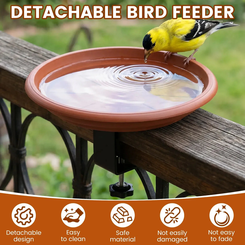 Clamp-On Railing Bird Bath – Deck Mount Plastic Birdbath Tray